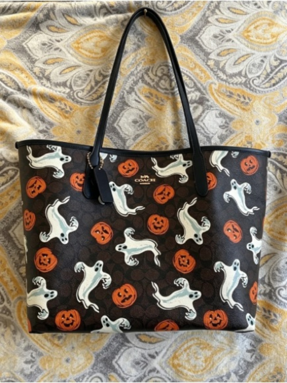Coach Brown Tote with White Ghosts & Orange Jack-o'-lanterns